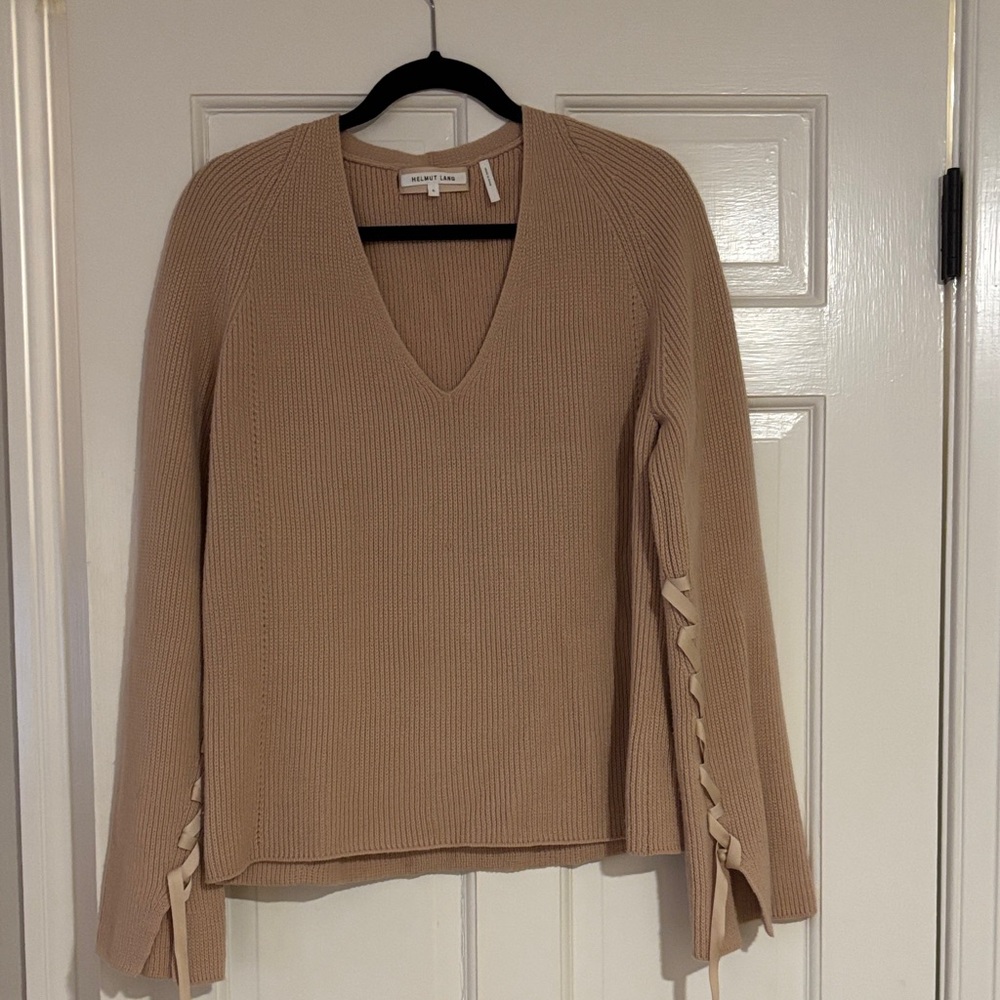 Helmut Lang, tan,  V-Neck Sweater with Lace-Up Sleeves.  Wool& cashmere